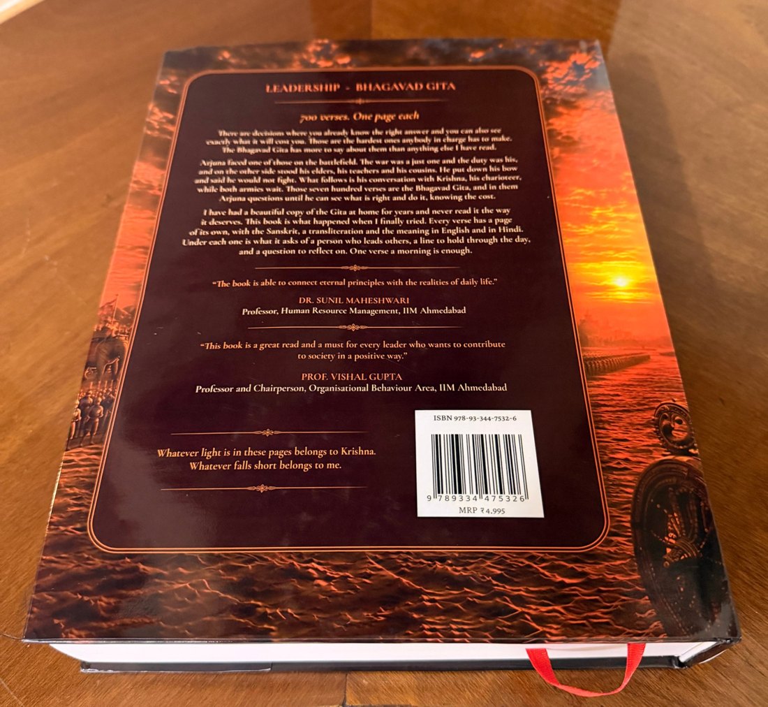 The back cover of The Ethical Leader’s Gita, with the description of the book, the two foreword quotes, the ISBN and the MRP