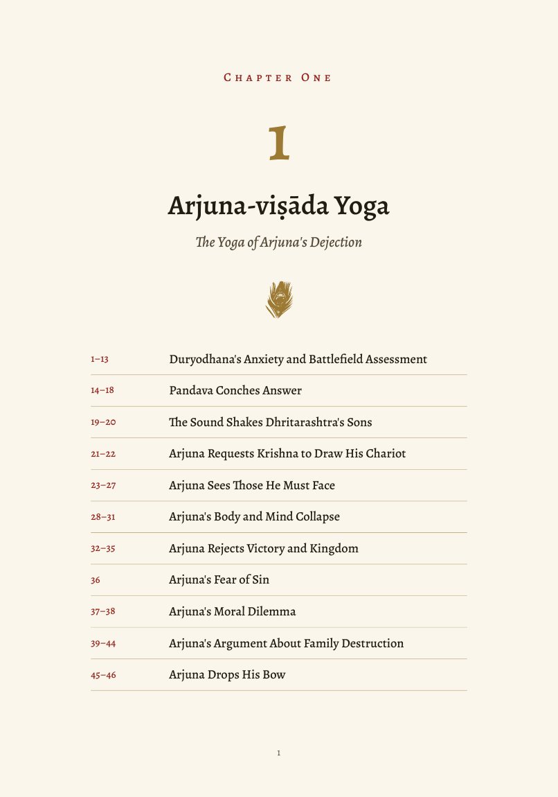 The opening page of Chapter One, Arjuna-viṣāda Yoga, listing the eleven conversation groups of the chapter with their verse numbers