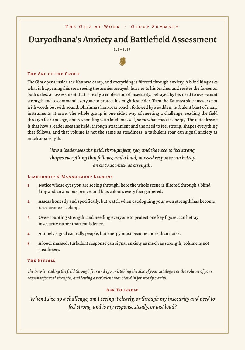 The Group Summary page for verses 1.1 to 1.13, Duryodhana’s Anxiety and Battlefield Assessment, with The Arc of the Group, five leadership and management lessons, The Pitfall and Ask Yourself
